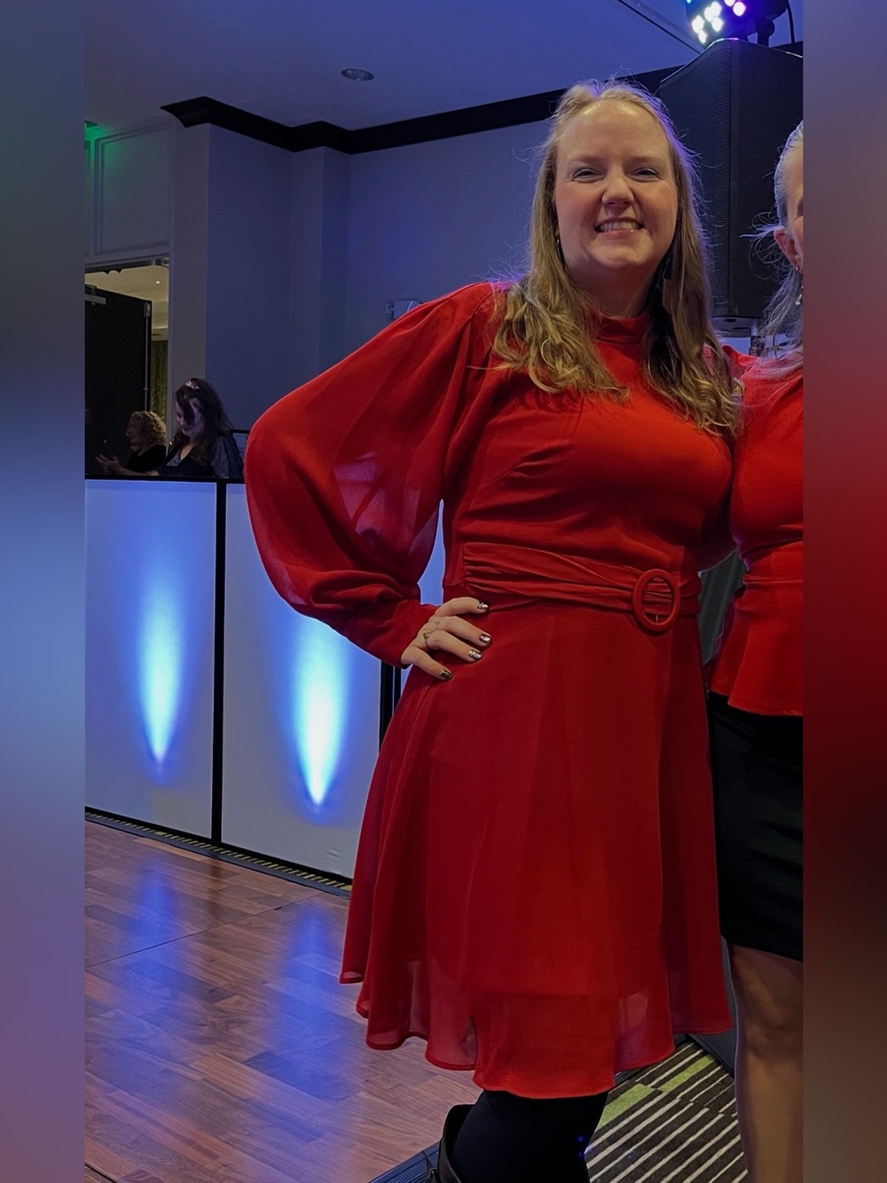 Red Sheer-Sleeve Belted Mini Dress